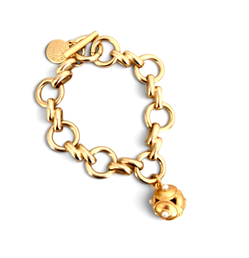 Sphere Dot White Pearls Charm with Isabela Chain Bracelet 7 1/2”-8”