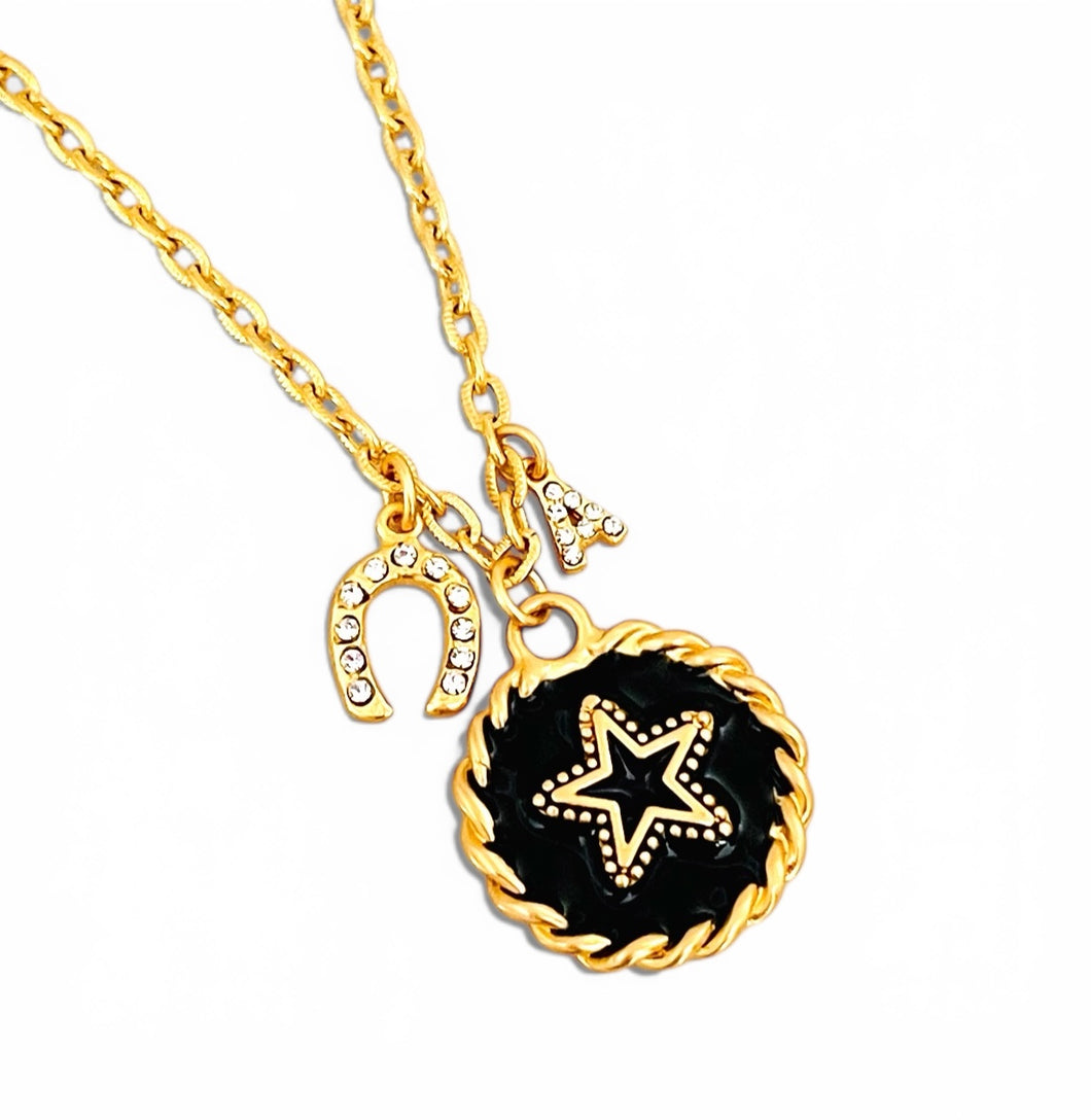 Star & Black Hand Painted Enamel 🎨 with Horse Shoe & Initial Short Necklace on Camila Chain (only available in store or local pick-up)