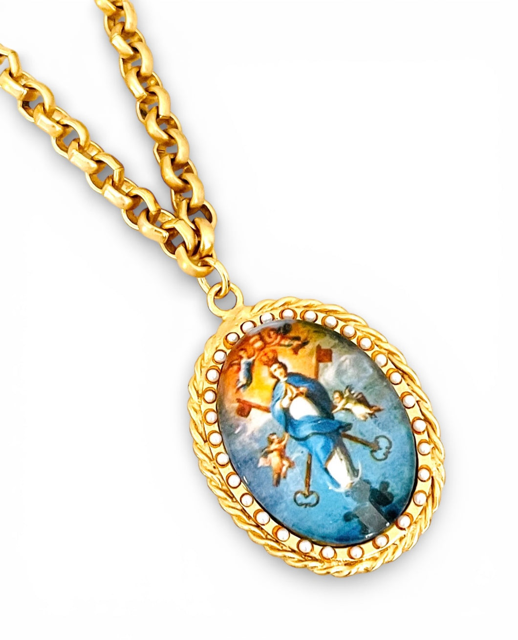 La Asuncion de la Virgen Color Medallion with Pearls with Estefania Chain ✨ Long Necklace 30”
