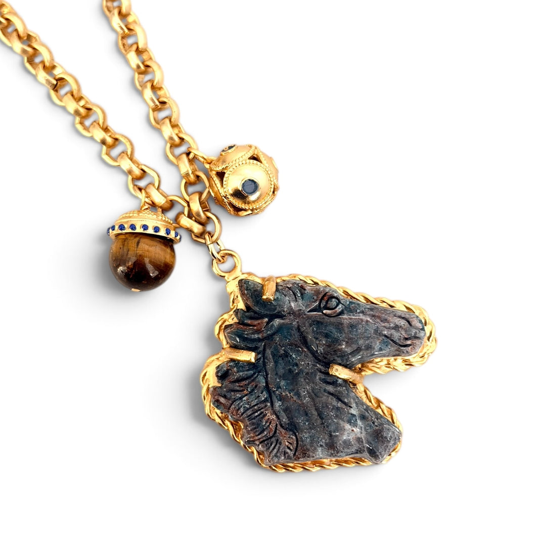 Horse Head Carved Indian Agate with Tiger Eye & Sphere Dot Charms in Gray on Estefania Chain Long Necklace 30”