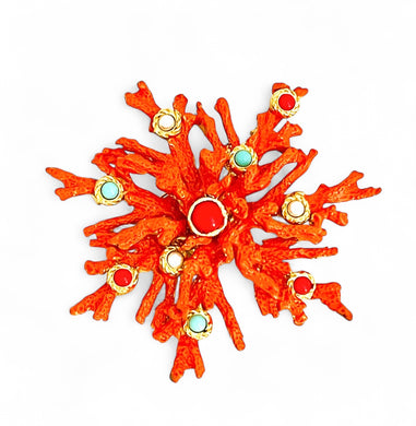 ONLY 1 LEFT!!! ✨CORAL with Coral, Turquoise Color & Pearl Snowflake Coral Like 🪸 Statement BROOCH 🧷 Approx 3.5” in GOLD ⭐️
