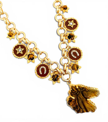 Tiger Eye for Clarity 🐴 Carved Horse Stone with Tiger Eye, Horseshoe & Star Charms on Isabela Short Necklace