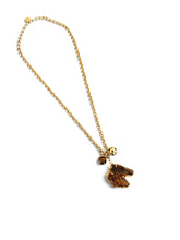 Horse Head Carved Indian Agate with Tiger Eye Charm & Sphere Dot Charm with Black Enamel on Estefania Chain Long Necklace 30”