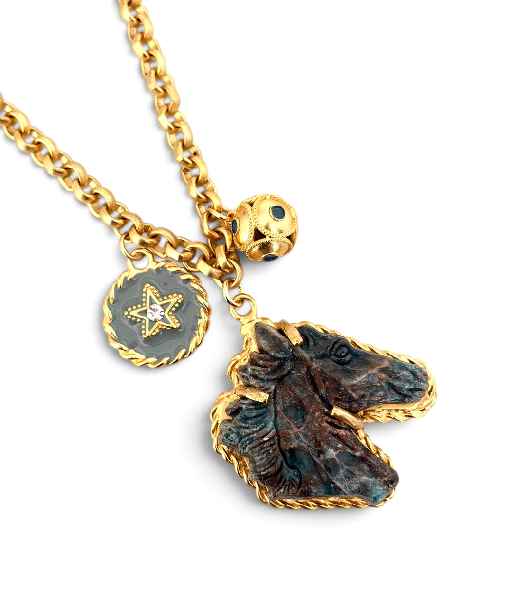 Horse Head Carved Indian Agate with Gray Enamel Sphere Dot Charm & Star on Estefania Chain Short Necklace 20”-22”