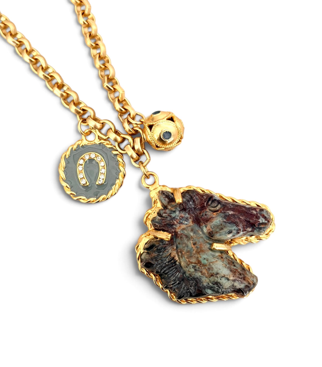 Horse Head Indian Agate Carved Stone with Gray Enamel Sphere Dot Charm & Horse Shoe Charm on Estefania Chain Long Necklace 30”