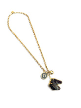 Horse Head Indian Agate Carved Stone with Gray Enamel Sphere Dot Charm & Horse Shoe Charm on Estefania Chain Long Necklace 30”