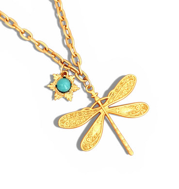 Libelula with Star Rays Turquoise Charm on Carola Chain Short Necklace 18”-20”