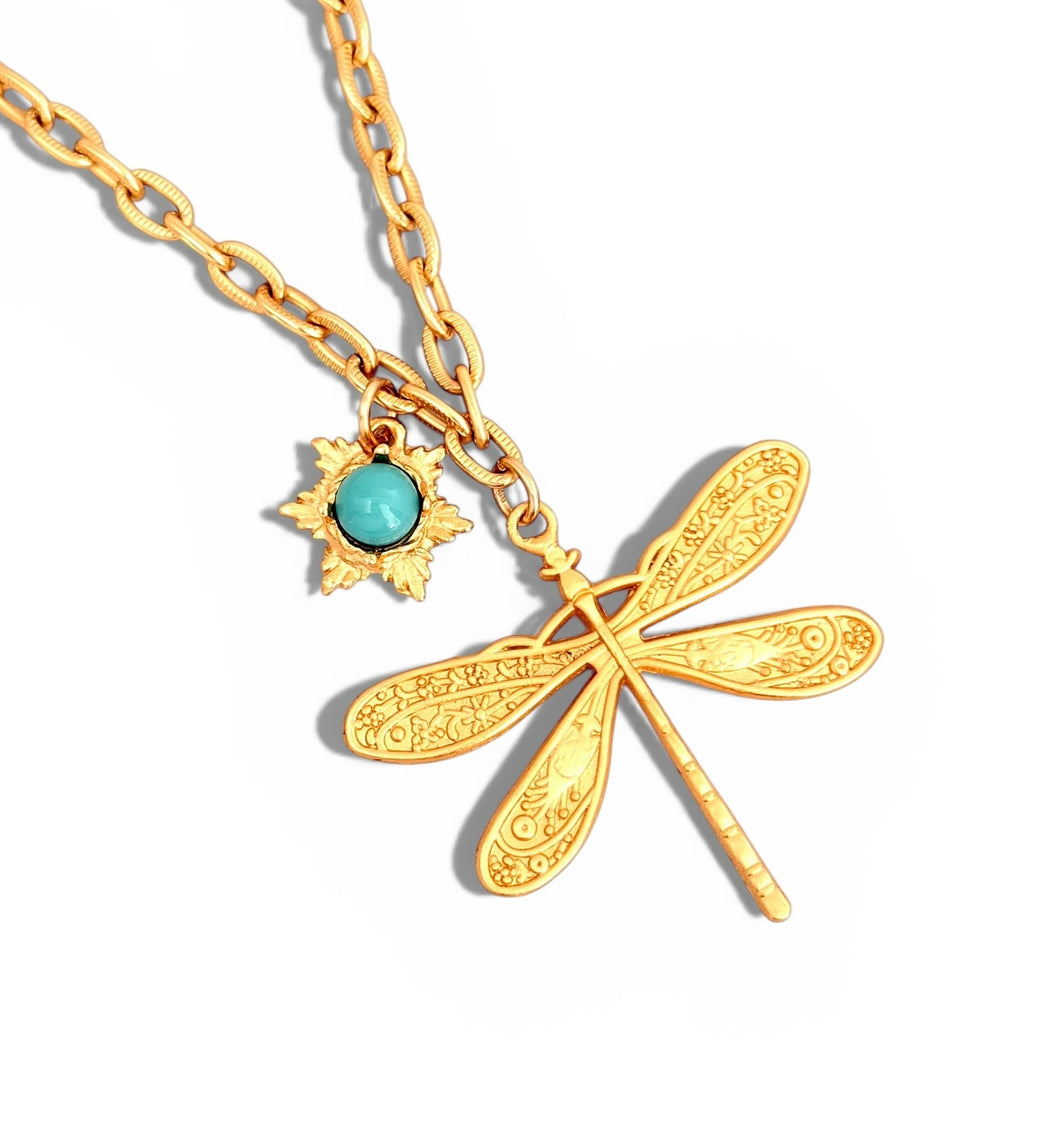 Libelula with Star Rays Turquoise Charm on Carola Chain Short Necklace 18”-20”