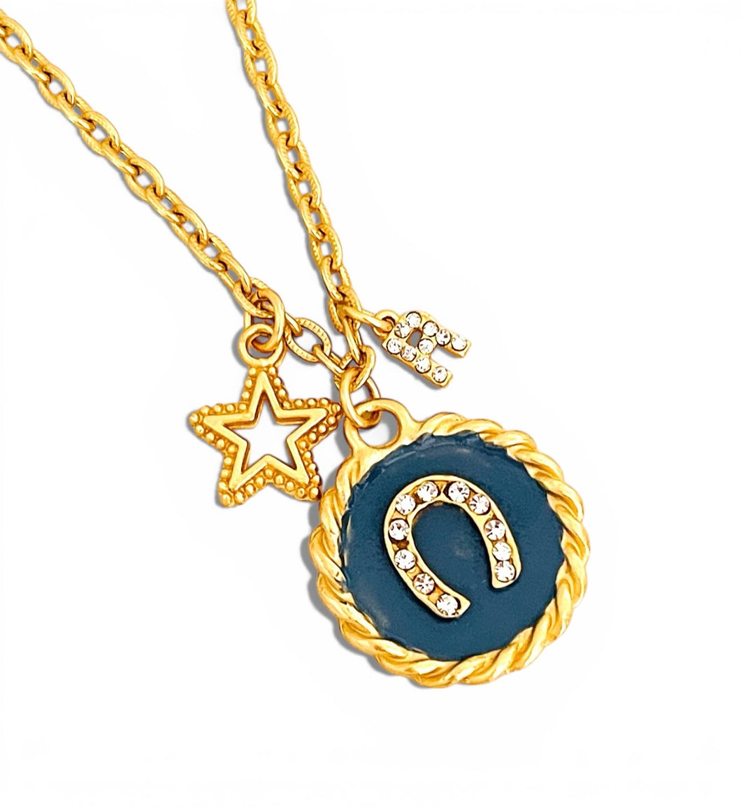 Heradura with Pave & BlueGray Hand Painted Enamel 🎨 with Star Charm ✨ Short Necklace on Camila Chain & Initial (initial only available in store or local pick-up)