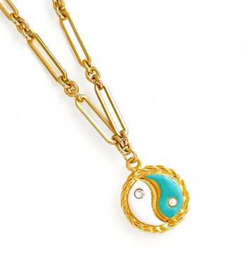 ONLY 2 LEFT!!! Yin & Yang Turquoise & White Enamel with CZ & Pearl ✨ SOFIA Chain Short Necklace 30”