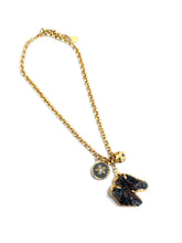 Horse Head Carved Indian Agate with Gray Enamel Sphere Dot Charm & Star on Estefania Chain Short Necklace 20”-22”