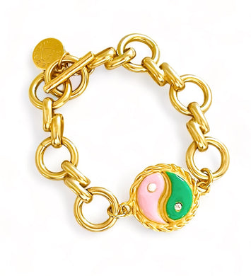 ONLY 1 LEFT!!! Yin & Yang Enamel Pink & Green Bracelet ✨ ISABELA Chain Toggle Bracelet✨Choose Bracelet Size Below ⬇️