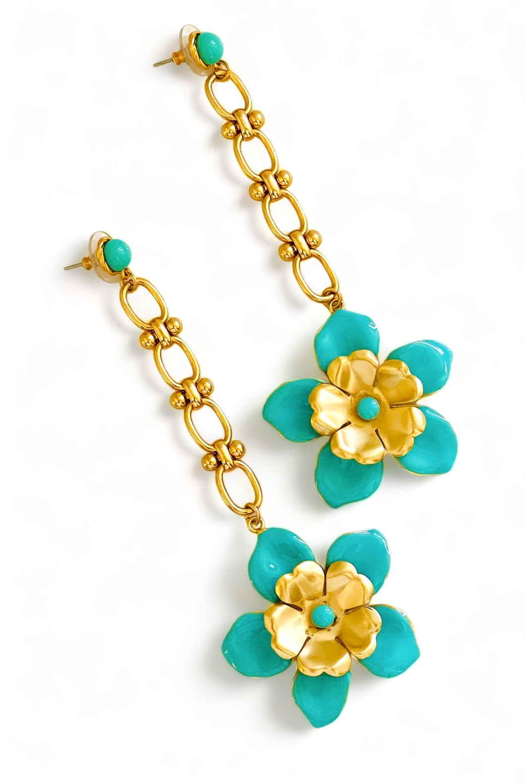 ONLY 1 LEFT!!! Flower Drop Earrings with Turquoise Enamel
