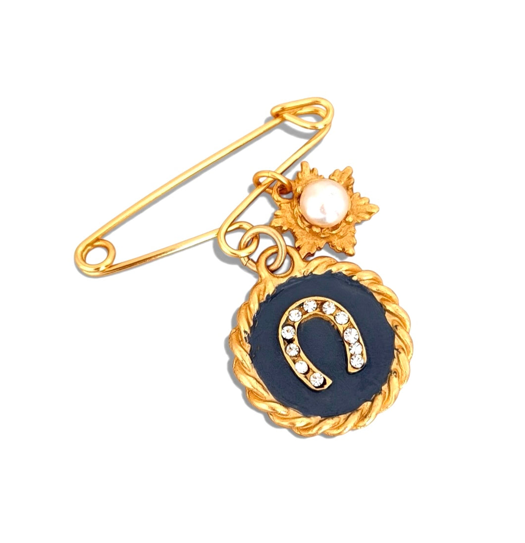 Horse Shoe Pave Pin 🧷 with Blue Gray & Pearl Charm