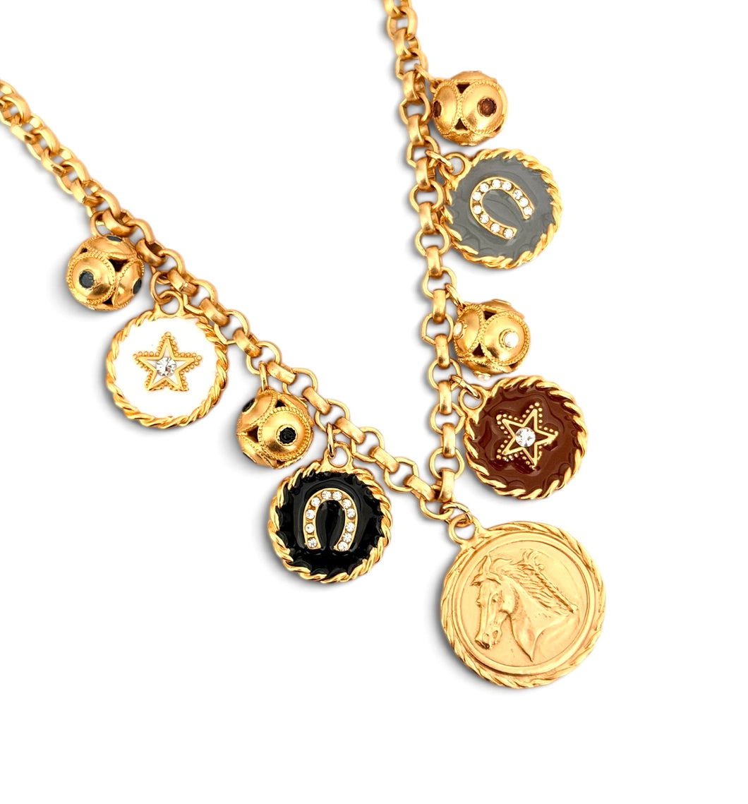 Horse Medallion Charm Necklace with Sphere & Multi Charms