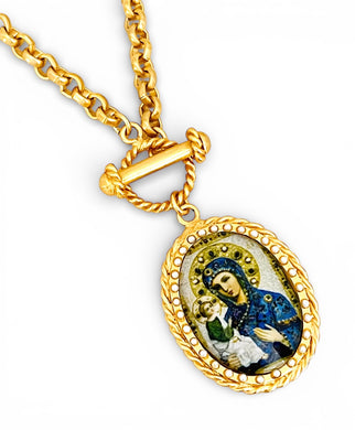 Perpetuo Socorro Color Medallion with Pearls on Estefania Chain with Toggle ✨ Short Necklace 20”