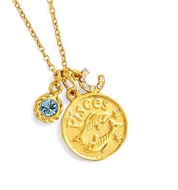 PISCES ♓️ Medal with Birthstone & Initial on Thin LIA Chain 18” Adj to 20” ✨ Choose Birthstone & Pave Initial ⬇️