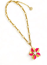 ONLY 2 LEFT!!! Flower with Magenta Enamel with Pearl Center ✨ REGINA Chain Short Necklace 18”-20”