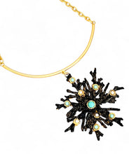 SOLD OUT!!! BLACK Enamel Snowflake Coral Like Pendant with Turquoise Color & Pearl Cabochons 🪸 Pendant Approx 3.5” ⭐️ Bar & Chain Short Mid-Length Necklace 20-23”
