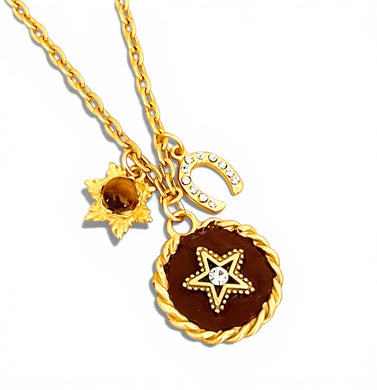 Star Cristal & Maroon Hand Painted Enamel 🎨 with Horse Shoe & Tiger Eye Charm ✨ Short Necklace on Camila Chain