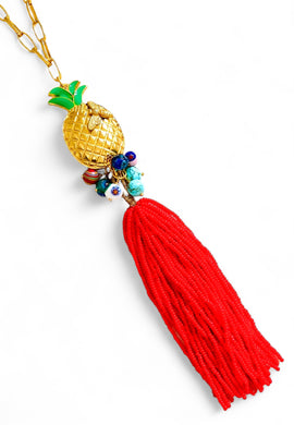 ONLY 1 LEFT!!! PIÑA 🍍Dangle Tassel Coral 🪸 Like  Color ☀️ with Murano Cluster LIA Chain Long Necklace 30”