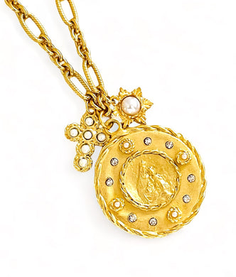 NEW!!! Virgen del CARMEN Medallion Pearl & CZ Pendant with Cross & Pearl Charm ✨ REGINA Chain ✨Long Necklace 30”