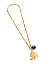 Horse Head with Horse Shoe Charm in Black enamel on Estefania Chain Long Necklace 30”
