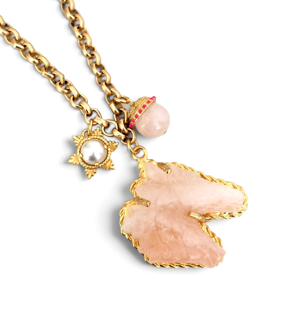 Rose Quartz Carvec Horse Head with Charms on Estefania Chain Long 30”