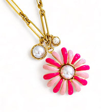 ONLY 1 LEFT!!! Daisy Flower with Magenta & Pink Enamel with Pearl Center ✨ SOFIA Chain Short Necklace 16”-18”