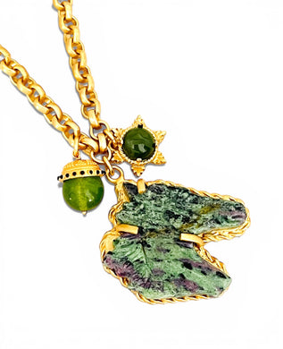 Ruby Zoisite for Courage 🐴 Carved Horse Stone with Jade Charms on Estefania Short Necklace (adj)