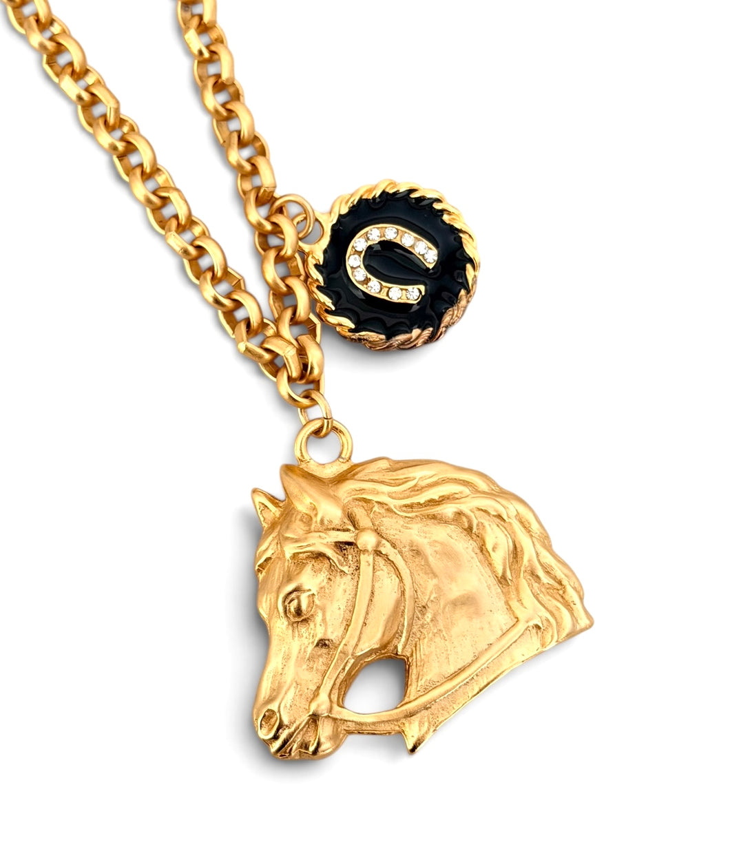 Horse Head with Horse Shoe Charm in Black enamel on Estefania Chain Long Necklace 30”