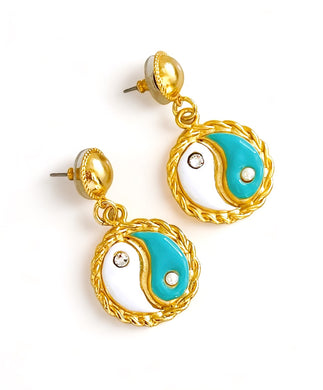 ONLY 2 LEFT!!! Yin & Yang Earrings Turquoise& White Enamel with CZ & Pearl