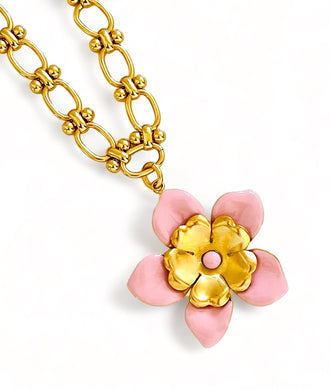 SOLD OUT!!! Flower with Pink Enamel with Pink Center ✨ VICTORIA Chain Long Necklace 30”