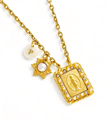 Virgen MILAGROSA w/ Pearl & CZ Estampilla Style✨ CAMILA Chain ✨ Short Necklace 20” ✨ Choose Initial Below ⬇️