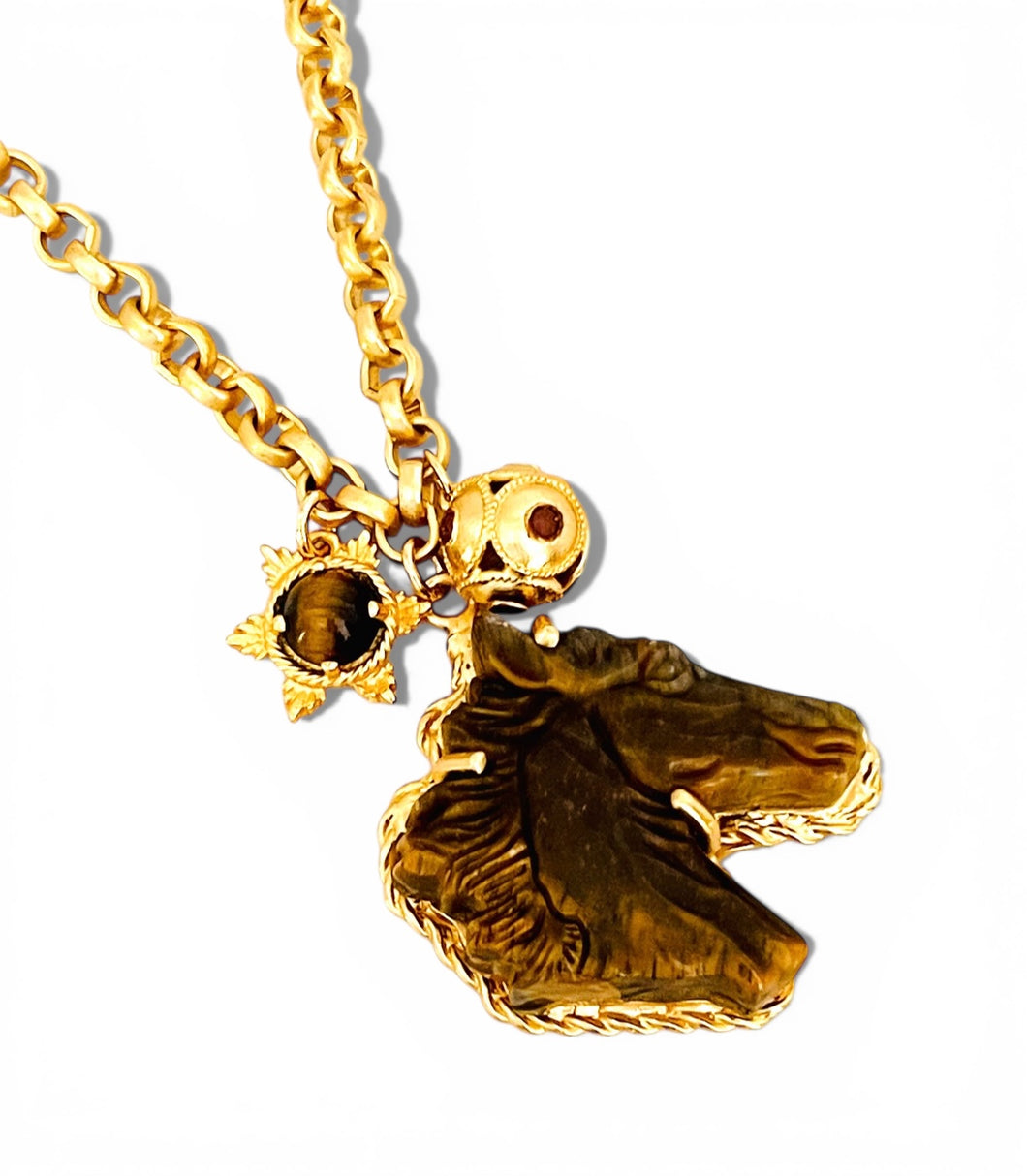 Tiger Eye for Clarity 🐴 Carved Horse Stone with Tiger Eye & Sphere Charms on Estefania Short Necklace