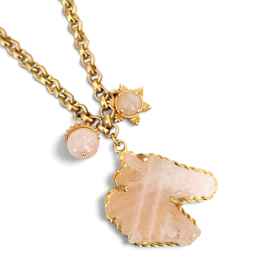 Rose Quartz Carved Horse Head with Charms on Estefania Chain Short 20-22”