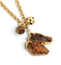 Horse Head Carved Indian Agate with Tiger Eye Charm & Sphere Dot Charm with Black Enamel on Estefania Chain Long Necklace 30”