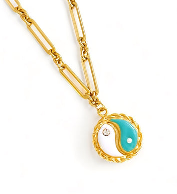 ONLY 2 LEFT!!! Yin & Yang Turquoise & White Enamel with CZ & Pearl ✨ SOFIA Chain Short Necklace 18”-20”