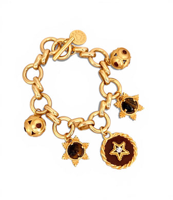 Star Cristal with Pave & Maroon Hand Painted Enamel 🎨 with Sphere & Tiger Eye Charms ✨ Bracelet Isabela Chain 7 1/2 - 8” adj