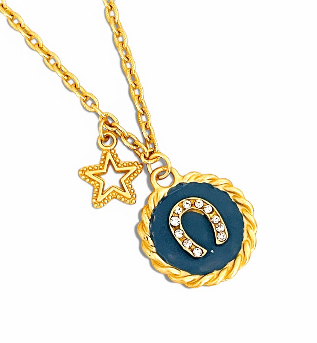 Heradura with Pave & BlueGray Hand Painted Enamel 🎨 with Star Charm ✨ Short Necklace on Camila Chain