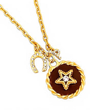 Star with Cristal & Maroon Hand Painted Enamel 🎨 with HorseShoe & Initial ✨Short Necklace on Camila Chain (Only Available In Store)