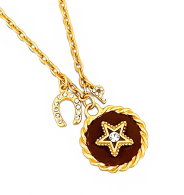 Star with Cristal & Maroon Hand Painted Enamel 🎨 with HorseShoe & Initial ✨Short Necklace on Camila Chain (Only Available In Store)