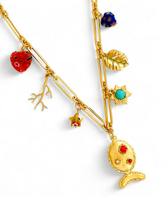 ONLY 1 LEFT!!! BUBBLE 🫧 🐟  Coral 🪸 Like Color with Multi Charms & Fun Glass Beads ☀️ SOFIA Chain Short Necklace