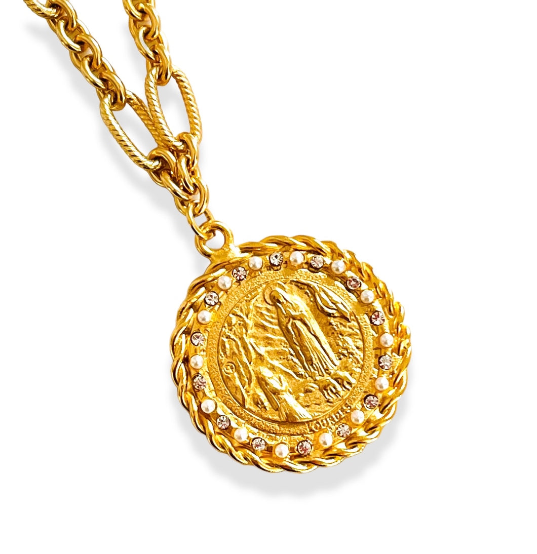 NEW! Virgen de LOURDES Round with REGINA Chain Pearl & CZ Pendant ✨Long Necklace 30”