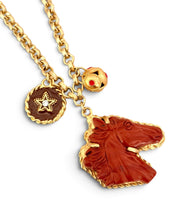 Horse Head Carved Red Agate with Sphere Dot Charm & Star Charm on Estefania Chain Long Necklace 30”