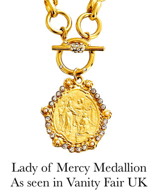 ONLY 2 LEFT!!! Lady of Mercy or “Virgen de la MISERICORDIA” Medallion Pendant with Pearl & CZ ✨Designed from an Antique Medallion circa 1932 Engraving on the Back✨ ISABELA Chain Short with Pave Toggle✨ CHOOSE LENGTH Necklace 18” or 20”