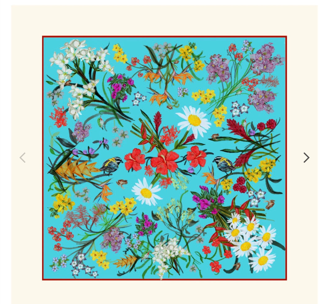 Pañuelo Flora & Fauna TURQUESA con flor de maga, ave del paraíso, coquí, reinita y san pedrito