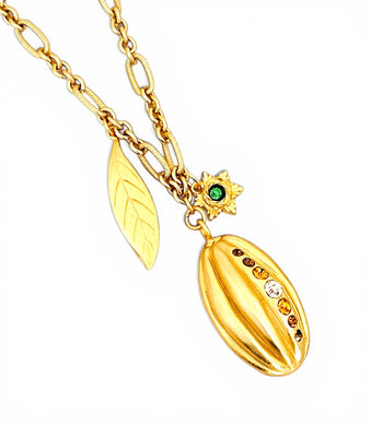 Cacao Large Tourmaline Green with Leaf on Regina Chain Long Necklace 30”