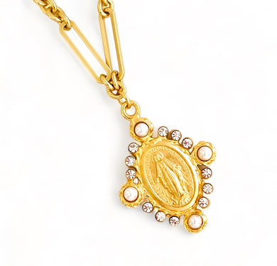 NEW! ONLY 2 LEFT!!! Virgen de la MILAGROSA Pearl & Crystal Charm ✨SOFIA Chain ✨Short Necklace 18-20”