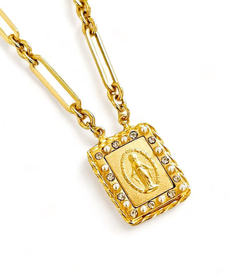 Virgen MILAGROSA Estampilla Style Charm Pendant with SOFIA Chain Short Necklace 20”